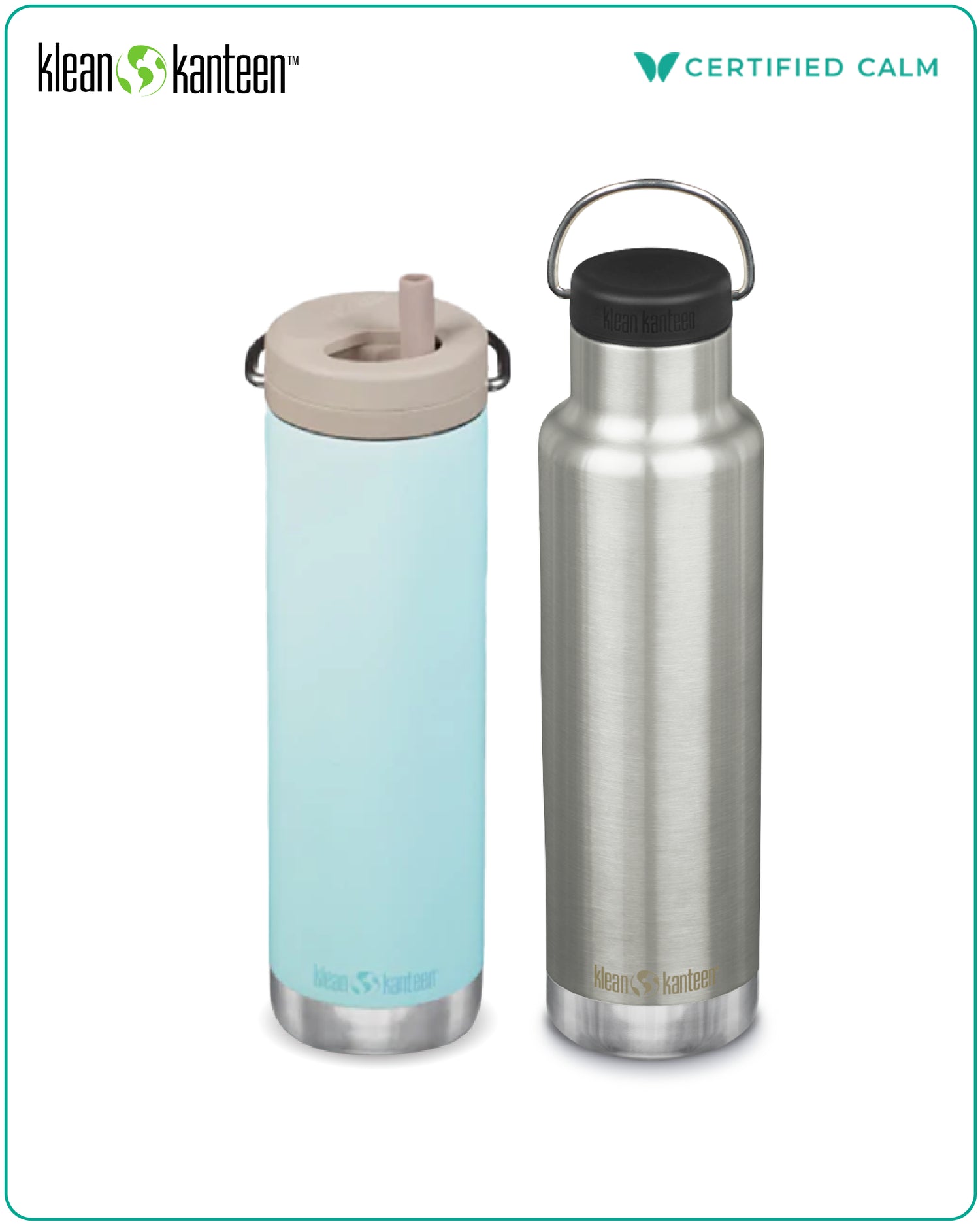 Klean Kanteen 20oz TKWide Blue Tint (w/ Twist Cap) and 20oz Classic Narrow Insulated Brushed Stainless Bundle